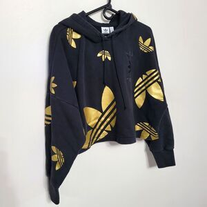 Adidas Originals Women’s Medium Black Gold Trefoil Logo Cropped Hoodie FS7224